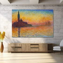Monet-style painting of a Venetian lagoon at twilight with a church silhouette against an orange sunset