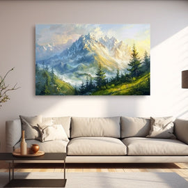 Sunlit snow-capped mountain peaks above a misty valley with green fir trees