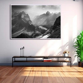 Black and white landscape print of layered alpine peaks above a mountain tarn