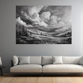 Black and white scenery of towering clouds over rolling hills, pines and a valley track