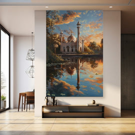 Domed palace with minarets reflected in a still lake at sunset