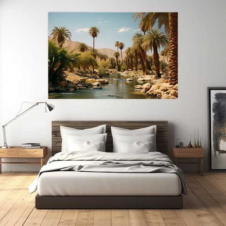 Desert oasis painting with date palms along a clear stream and ochre mountains