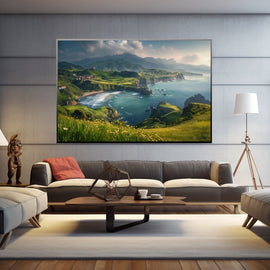 Painting of a green Spanish coastline with cliffs, cove and mountains