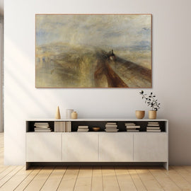 Turner landscape painting of a locomotive crossing a misty viaduct in a hazy river valley