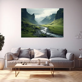 Misty green glacial valley with a winding river and moss-covered mountains