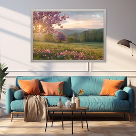 Spring meadow at golden hour with blossoming cherry trees and pink wildflowers