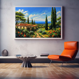 Painting of a Provencal farmhouse among cypresses and a blooming garden above a blue bay