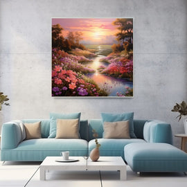 Romantic sunset landscape with pink wildflowers along a winding stream