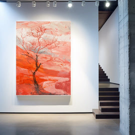 Lone bare tree against a coral and crimson landscape painting
