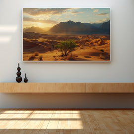 Golden-hour desert dunes and mountains with a lone green bush