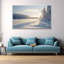 Frozen Nordic lake with frost-covered pines and a low winter sun