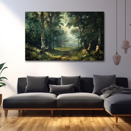 Painting of a forest interior with birch trunks and light through the canopy
