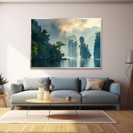 Atmospheric painting of misty limestone karsts over still emerald water in Thailand