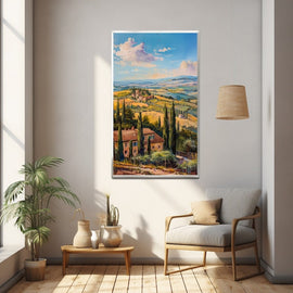 Tuscany landscape painting with cypress trees, farmhouses and golden hills