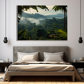 Photographic view of a misty tropical rainforest at dawn with light breaking through the canopy