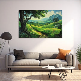 Green valley landscape with ancient tree, winding path and distant mountains