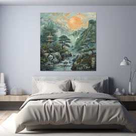 Japanese landscape with pagoda, pines and glowing sun