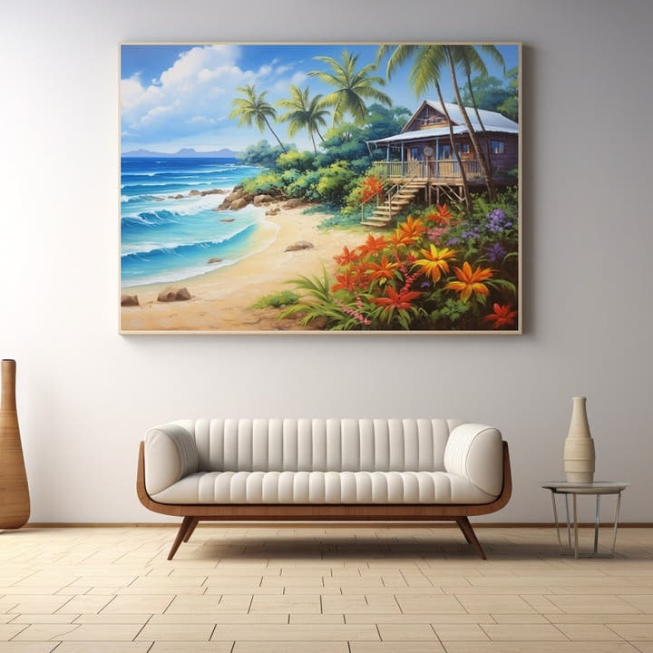 Painting of a stilt beach house among palm trees with bright tropical flowers and turquoise waves