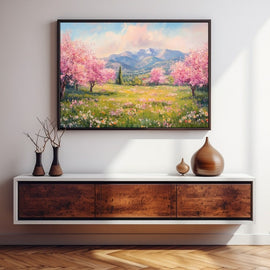 Impressionist painting of a pink blossom orchard and wildflower meadow with mountains