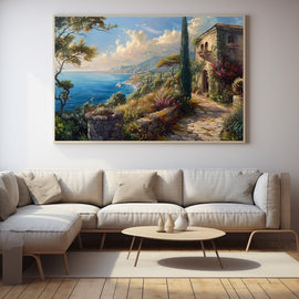 Oil painting of a Mediterranean coast with a stone villa and blue bay