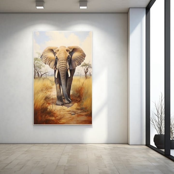 Painting of an African elephant walking through golden savannah grass