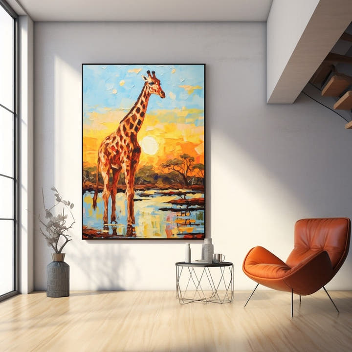 Palette-knife acrylic painting of a giraffe at a waterhole under an orange sunset sky