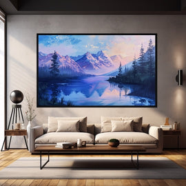 Acrylic painting of snow-capped mountains at dawn reflected in a still alpine lake