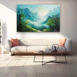 Semi-abstract watercolour painting of a misty mountain valley with green trees and birds