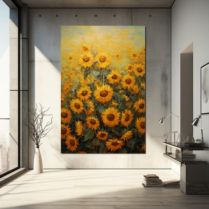 Acrylic painting of a field of golden sunflowers