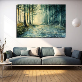 Watercolour of a misty pine forest with morning light over a pool