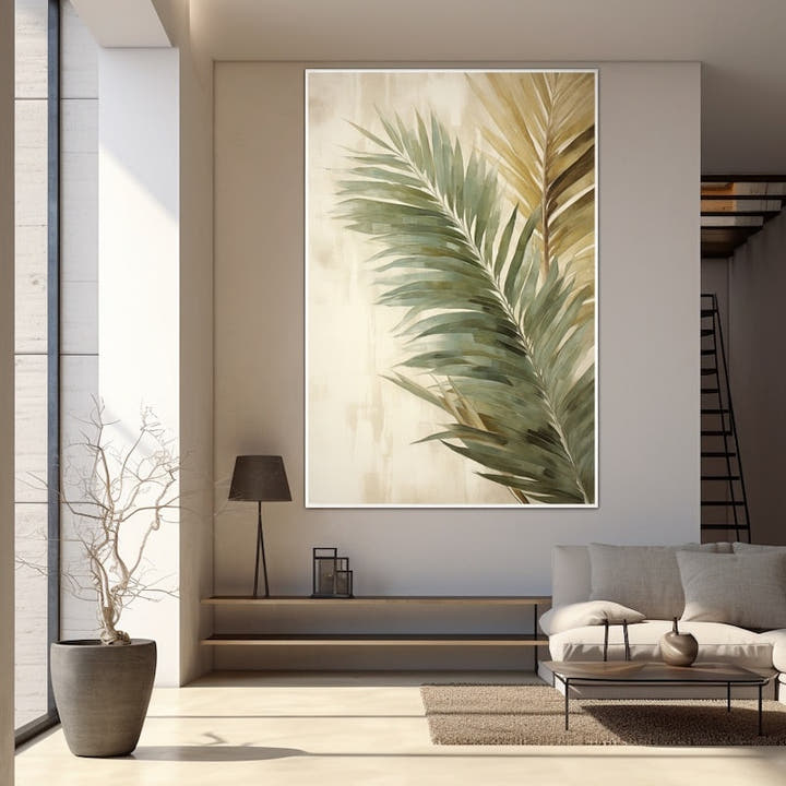 Painted palm frond in sage green and gold on a warm cream background