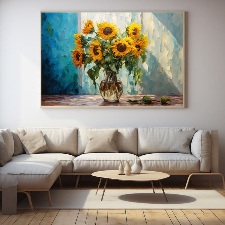 Impressionist sunflower bouquet in a glass vase against a blue background