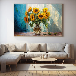 Impressionist sunflower bouquet in a glass vase against a blue background