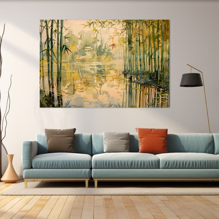 Painted bamboo grove arching over a golden pond in soft watercolour tones