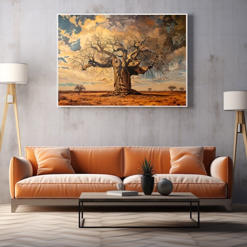 Ancient baobab tree spreading across golden savannah under a dramatic painted sky