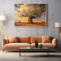 Thumbnail for Ancient baobab tree spreading across golden savannah under a dramatic painted sky
