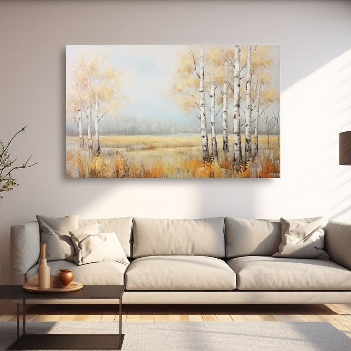 Painterly autumn birches by a golden meadow in soft yellow tones