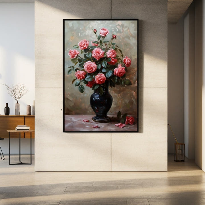Coral-pink roses in a glossy black vase with a fallen bloom on the table