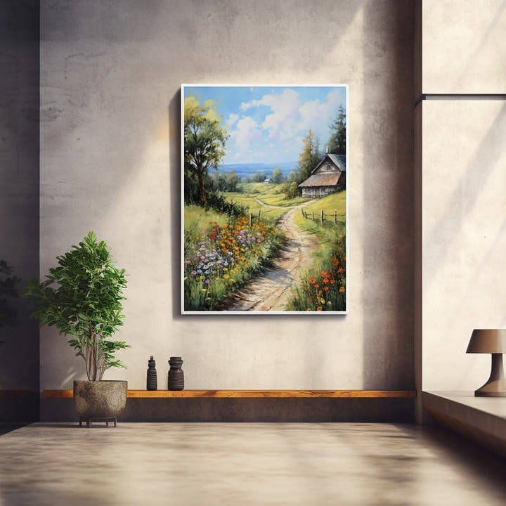 Painting of a country path through a wildflower meadow toward a farmhouse