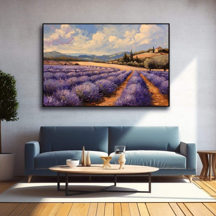 Oil-style painting of lavender rows, a farmhouse and golden clouds, with the look of impasto