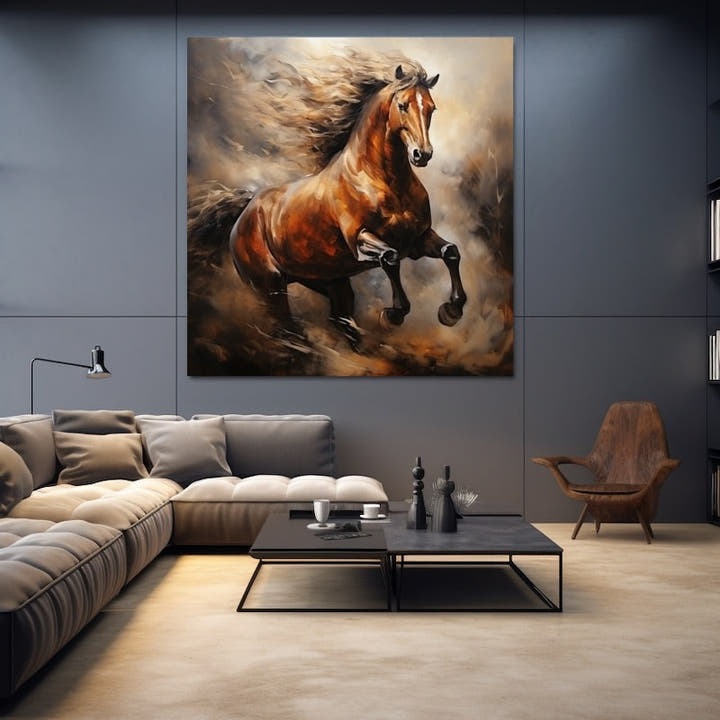 Expressive painting of a bay horse rearing amid swirling golden and smoky tones
