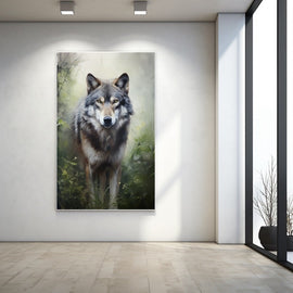 Grey wolf facing forward in a misty green woodland, painted in soft silver tones