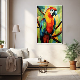 Cubist scarlet macaw painting in red, orange and blue geometric facets
