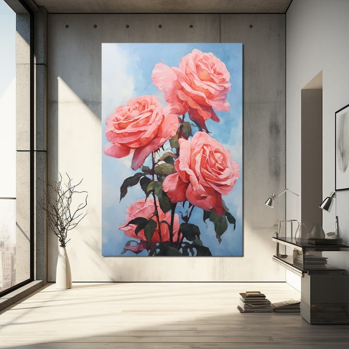 Four pink roses acrylic painting against blue sky