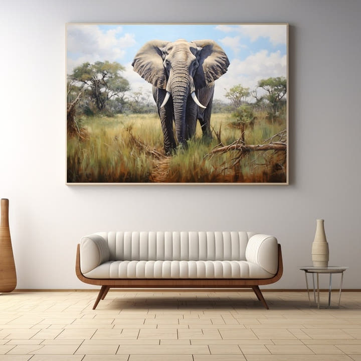 Realistic elephant walking through golden bushveld grass under a clear blue sky