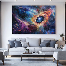 Colourful cosmic nebula with a glowing blue spiral centre