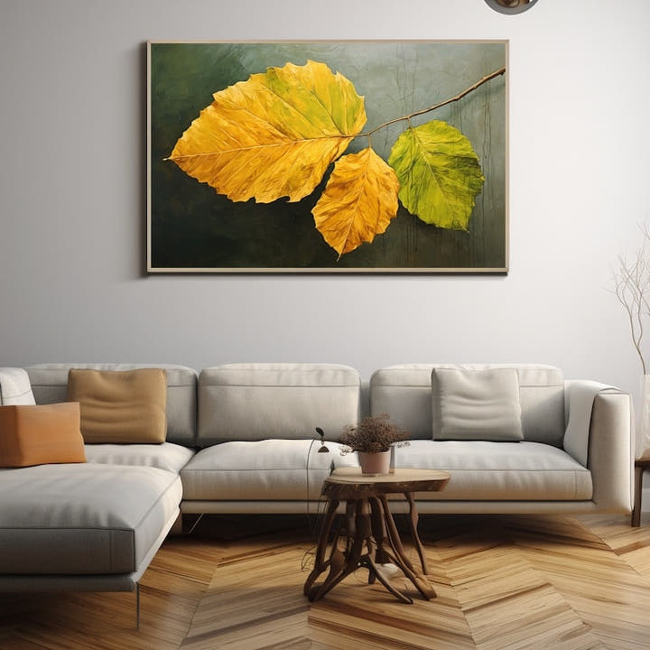 Close painterly study of three leaves shifting from yellow to green on a dark ground