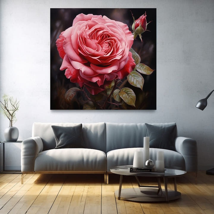 Pink rose in full bloom with a bud against a dark background