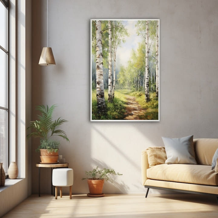 Impressionist painting of a birch grove clearing with a sandy trail curving under a hazy blue sky