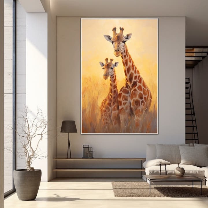 Oil painting of two giraffes side by side in golden sunset savannah
